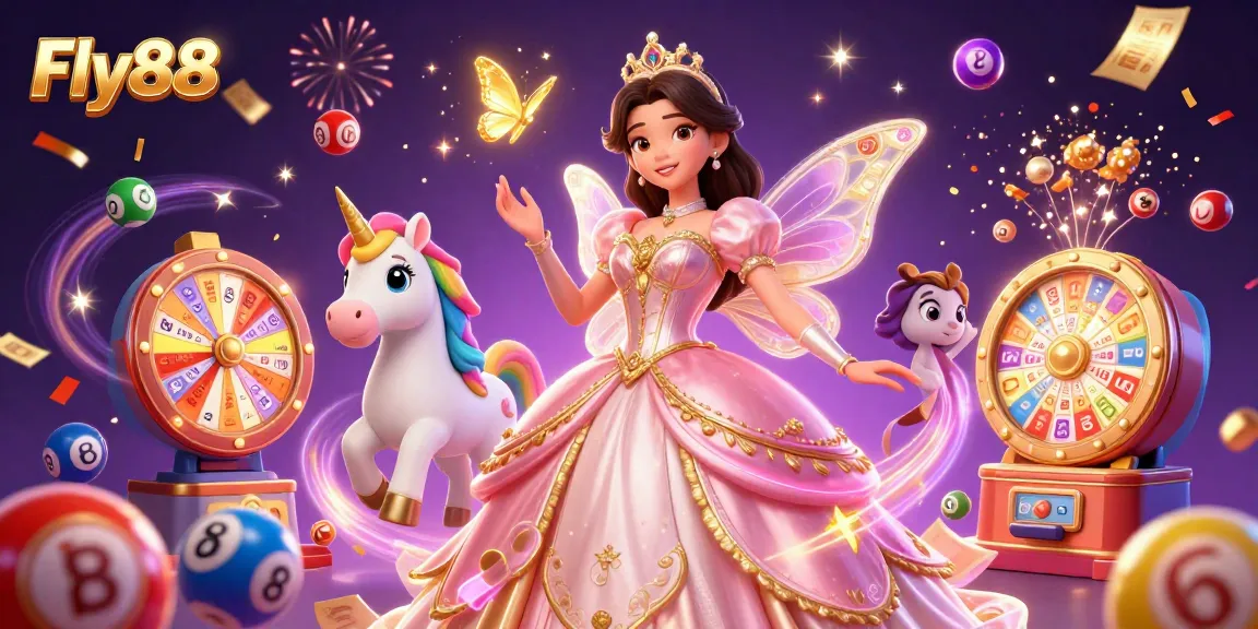 Fly88 brings excitement with vibrant lottery balls and a glamorous princess in a festive casino scene.