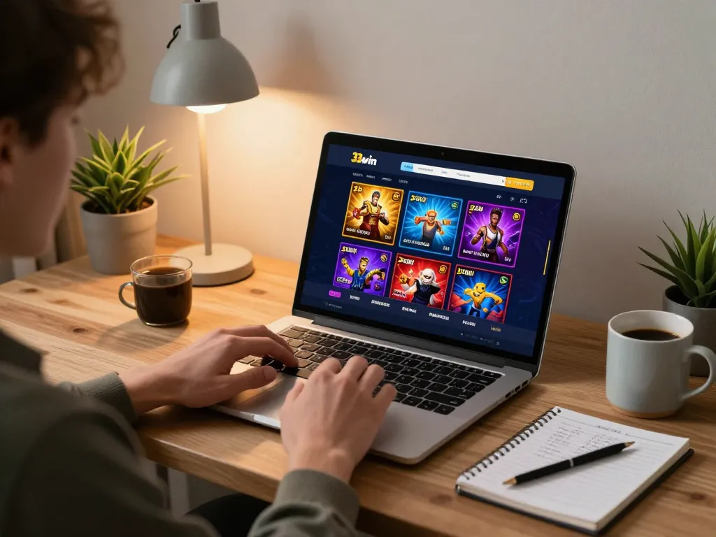 Engaged user at a home office using 33win online casino for strategic gaming.