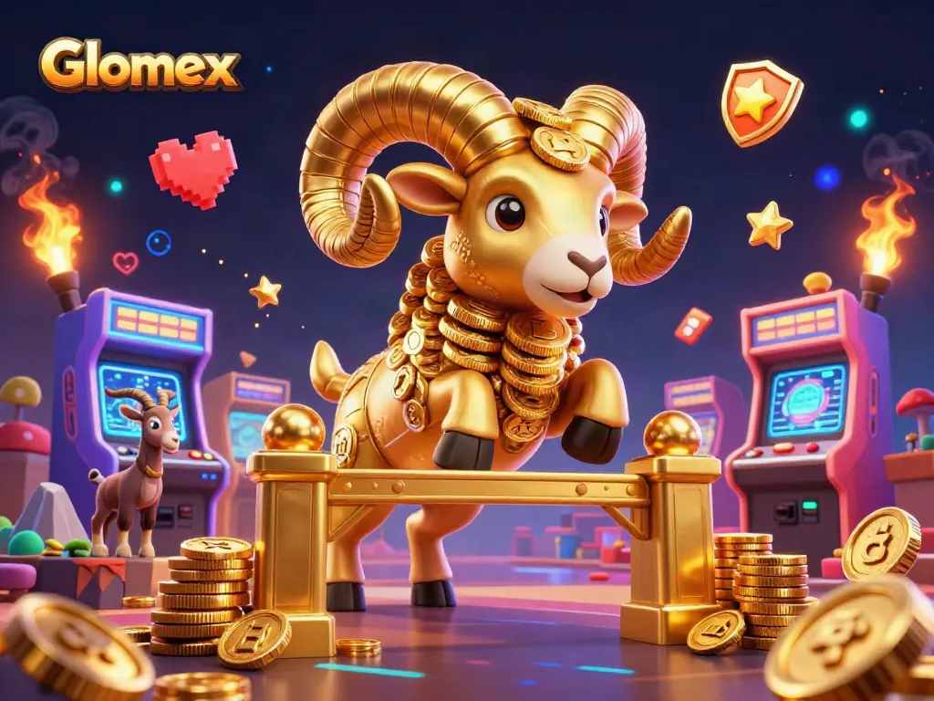 Engage with Glomex's vibrant gaming experience featuring a golden ram charging through gold coins and arcade machines.