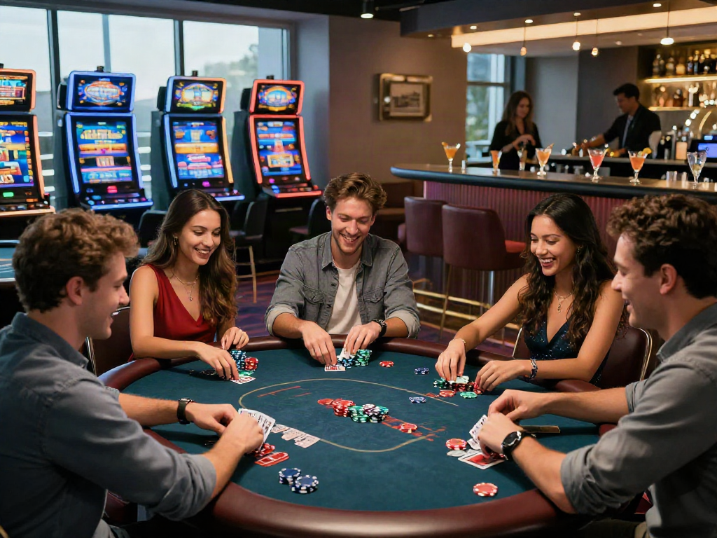 Exciting social gaming scene at a casino with friends enjoying poker at mpocash.net's modern setup.