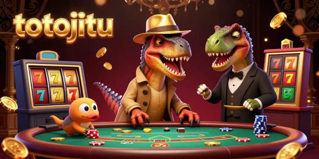 Totojitu velociraptor card counter and stegosaurus pit boss in a dynamic casino scene with slot reels and jackpot excitement