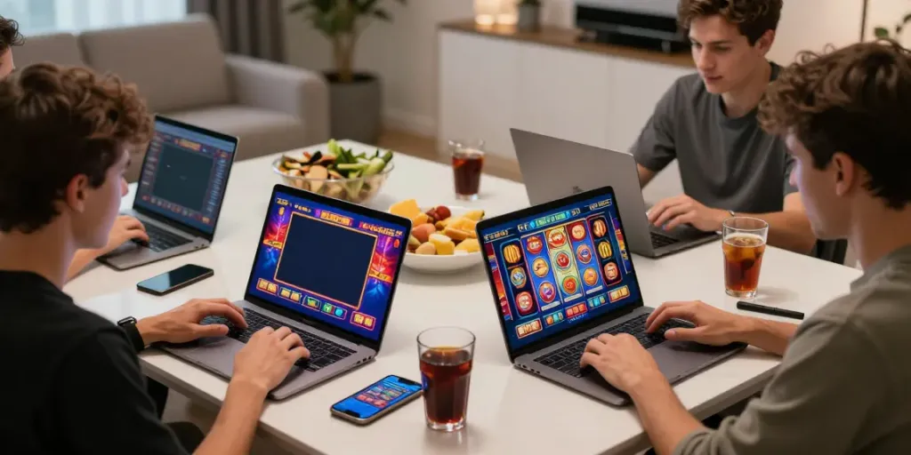 Players enjoying situs slot gacor thailand on laptops and mobiles surrounded by snacks in a modern setting.