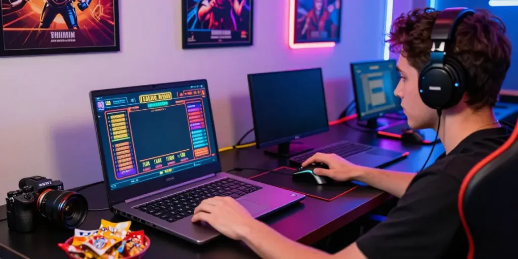 Online gambling scene with akunjp slot gaming setup, vibrant colors, and engaging player.