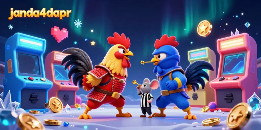 JANDA4DAPR, pertarungan antara dua ayam jantan 3D dalam suasana kasino yang meriah.