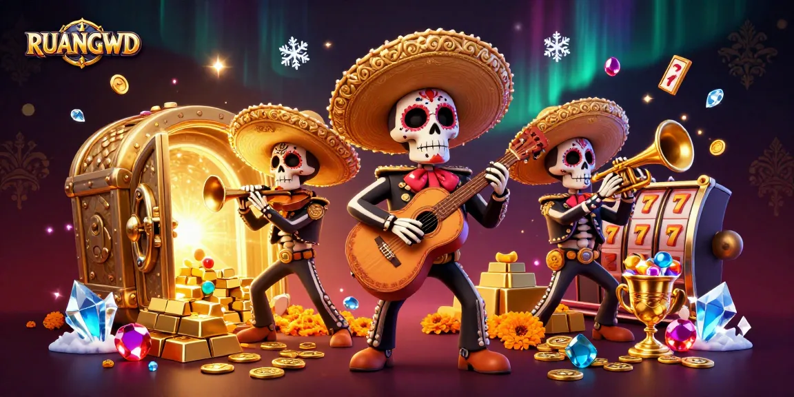 Play exciting slots with RUANGWD alongside a vibrant mariachi band in a treasure-filled scene.