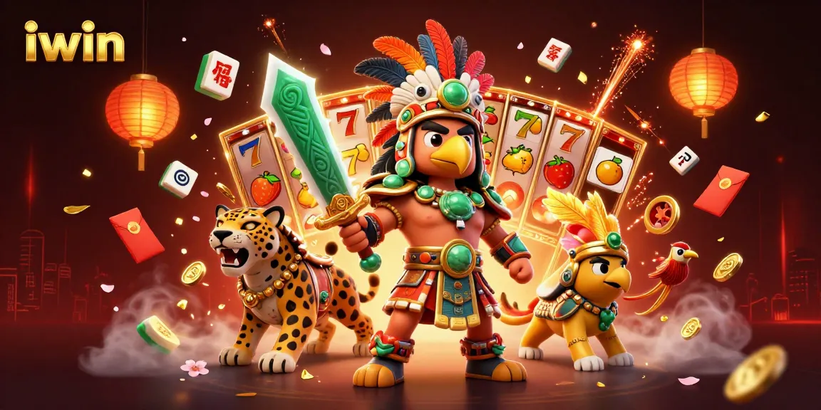 Play and win with iwin in a vibrant, dynamic casino-themed 3D scene filled with exciting elements.