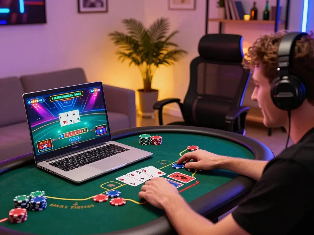 Gamer engaged in MM88 online casino, preparing for a crucial poker bet with vibrant screen display.