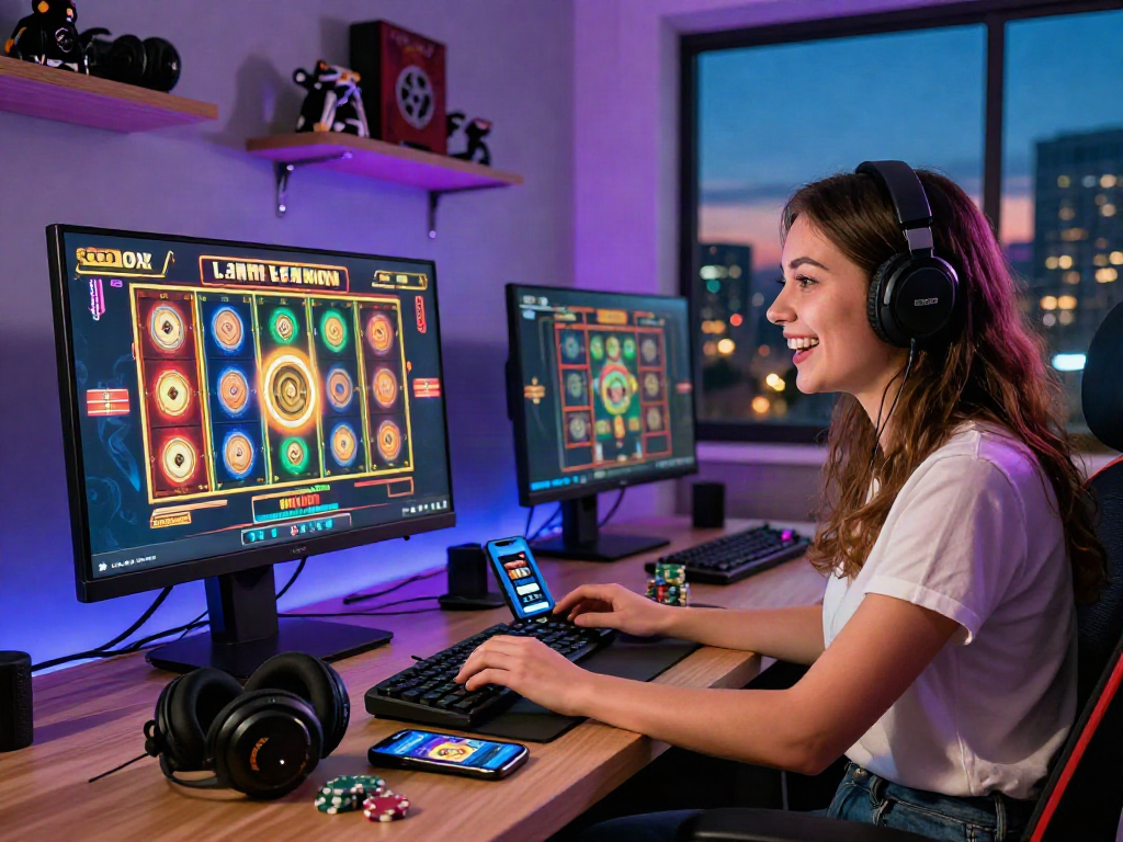 Excited young woman playing slot online at her computer desk with colorful slot reels displayed, showcasing an immersive gaming experience.