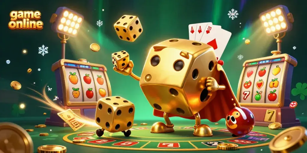 Engaging scene featuring a golden dice golem and casino elements illustrating online gaming excitement.