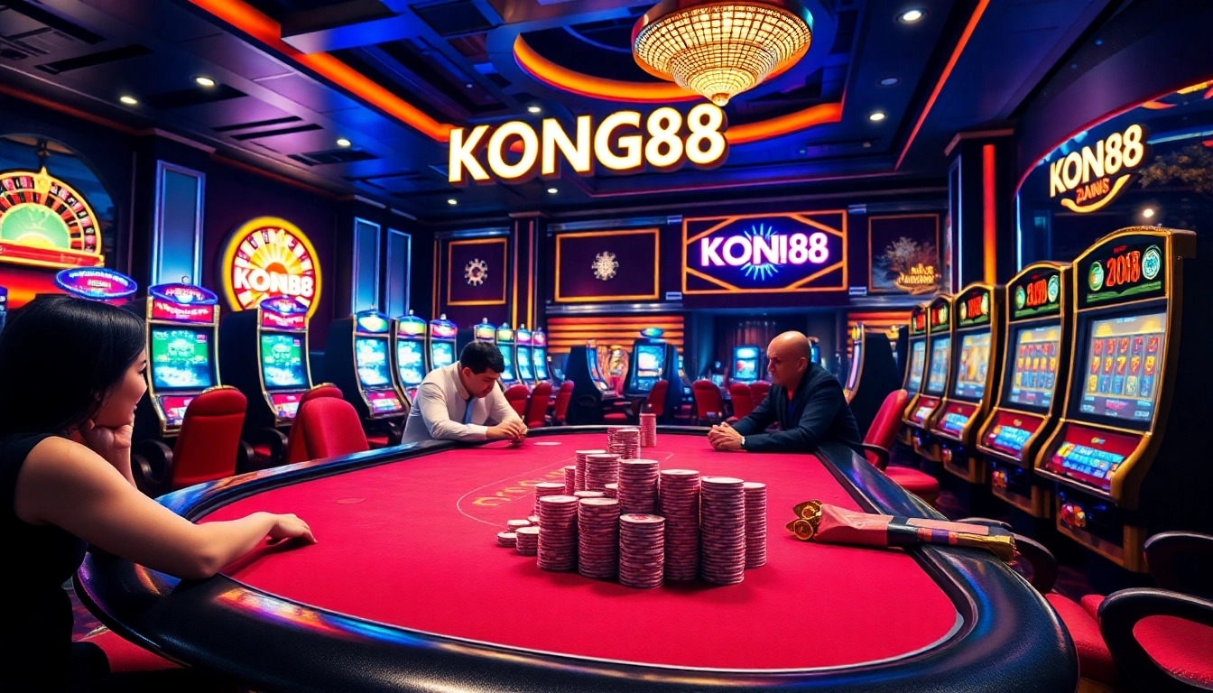KONG88 casino scene with poker players, vibrant chips, and a roulette wheel emitting excitement.