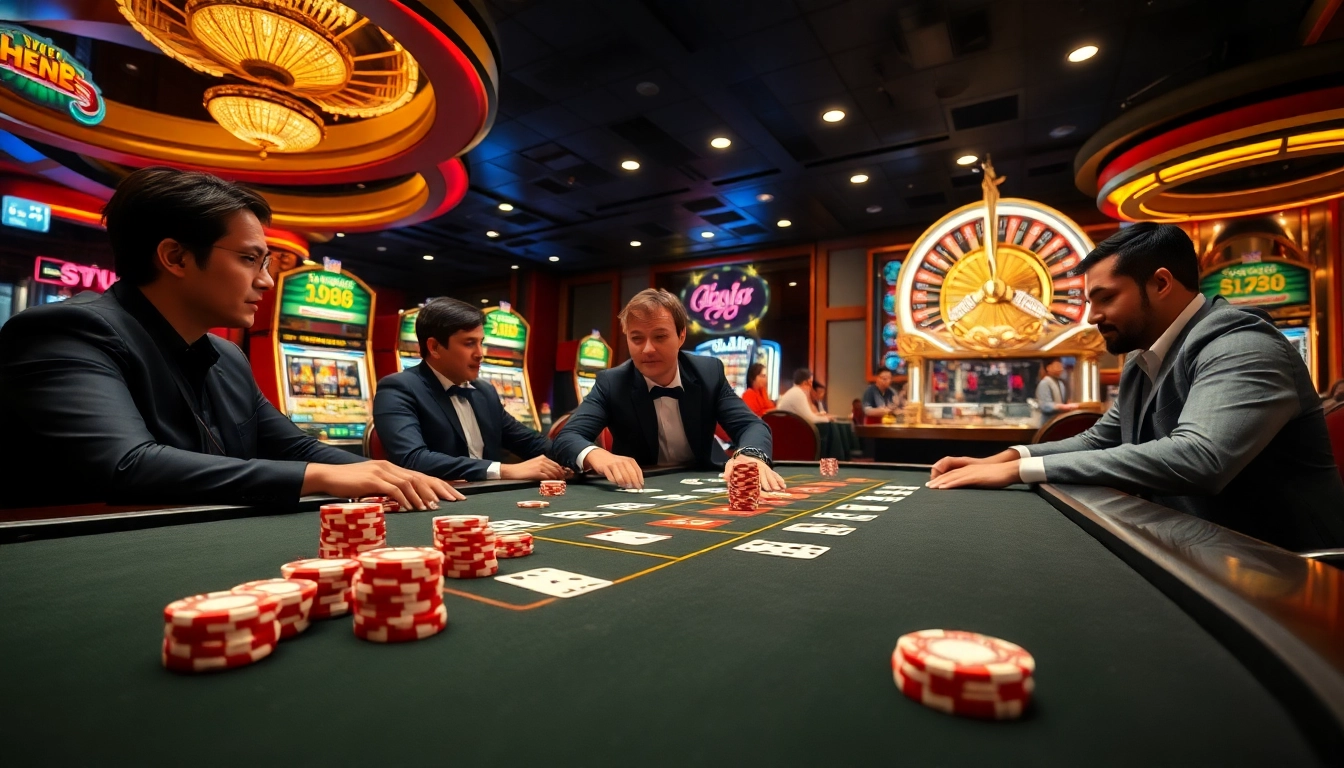 Players enjoying a thrilling UU88 gaming session at a luxurious casino table with vibrant atmosphere.
