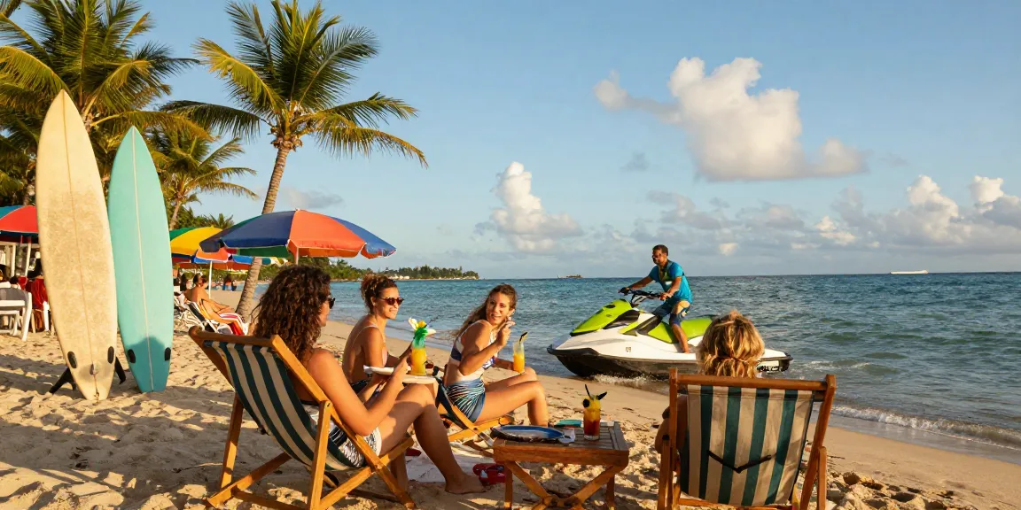 Pemandangan liburan di pantai oleh https://miami4d.com/ dengan teman-teman menikmati olahraga air saat senja.
