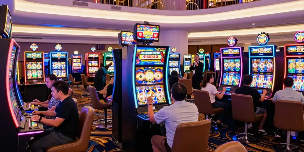 Slot gaming area featuring excited players engaging in ทดลองสล็อต with colorful machines.
