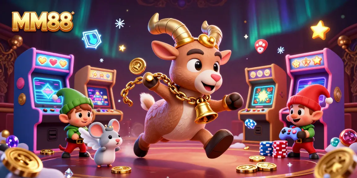 MM88 holiday-themed casino scene featuring festive characters and vibrant gaming elements.