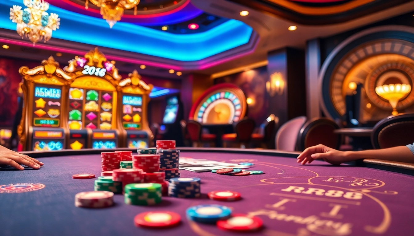Experience thrilling poker action at https://rr88c.org/ with colorful gaming chips and vibrant casino lights.