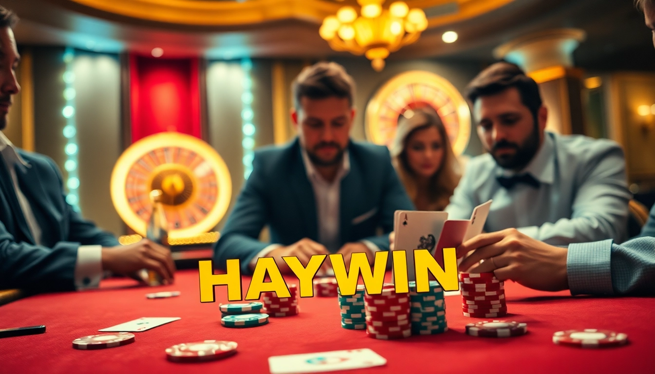 Experience the thrill of HAY.WIN with players at a vibrant poker table in a luxurious casino.