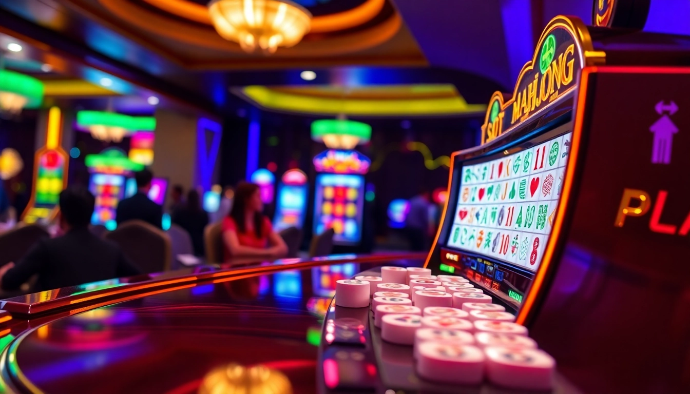 Engage in an electrifying game of slot mahjong featuring bright colorful tiles and dynamic casino ambiance.