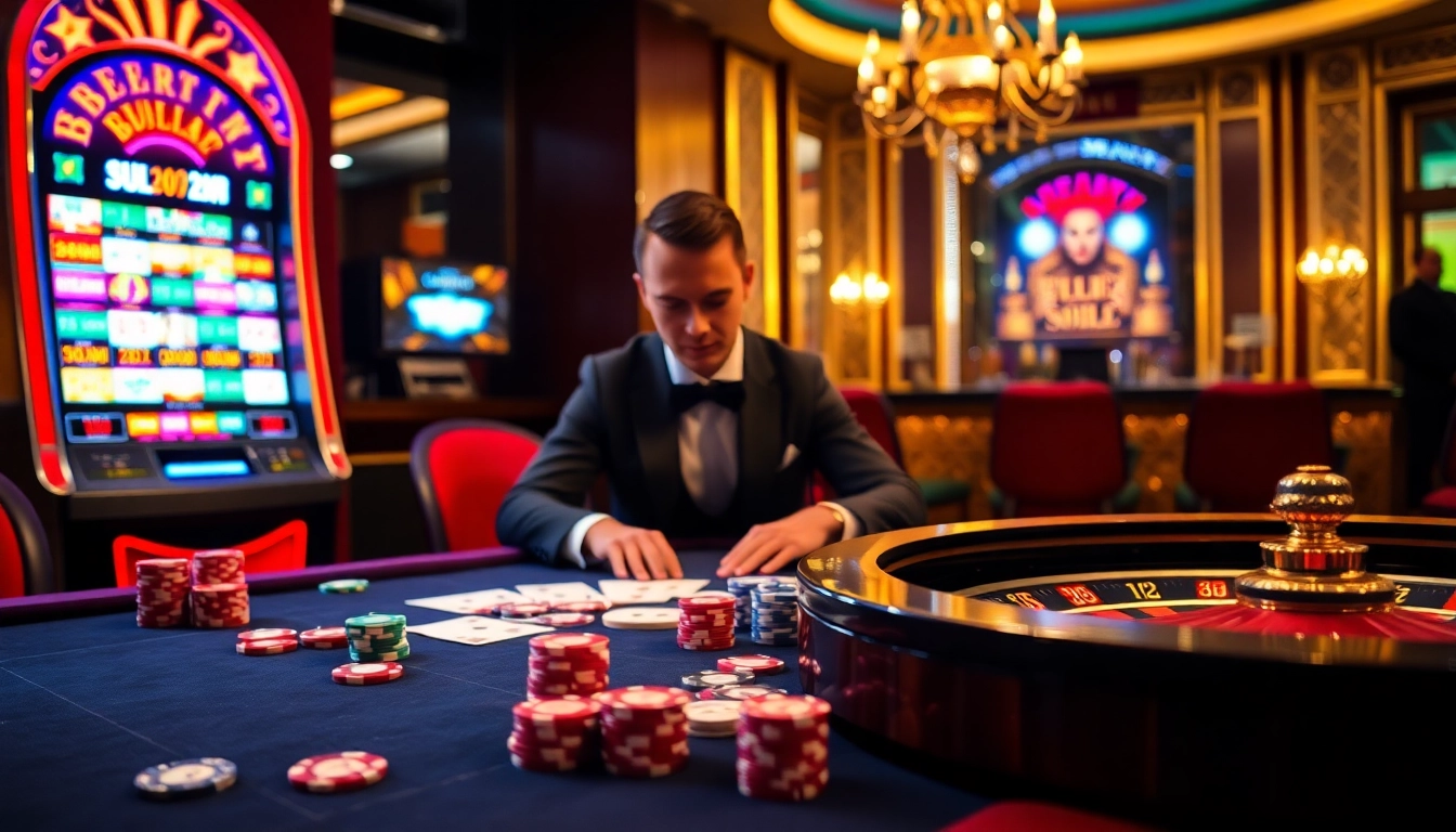 Exciting gambling scene featuring mmoo poker chips and roulette wheel in a luxurious casino setting.