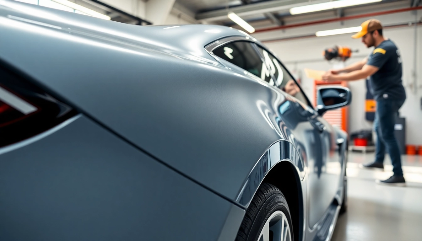 Apply paint protection film near me on a luxury car in a professional garage setting.