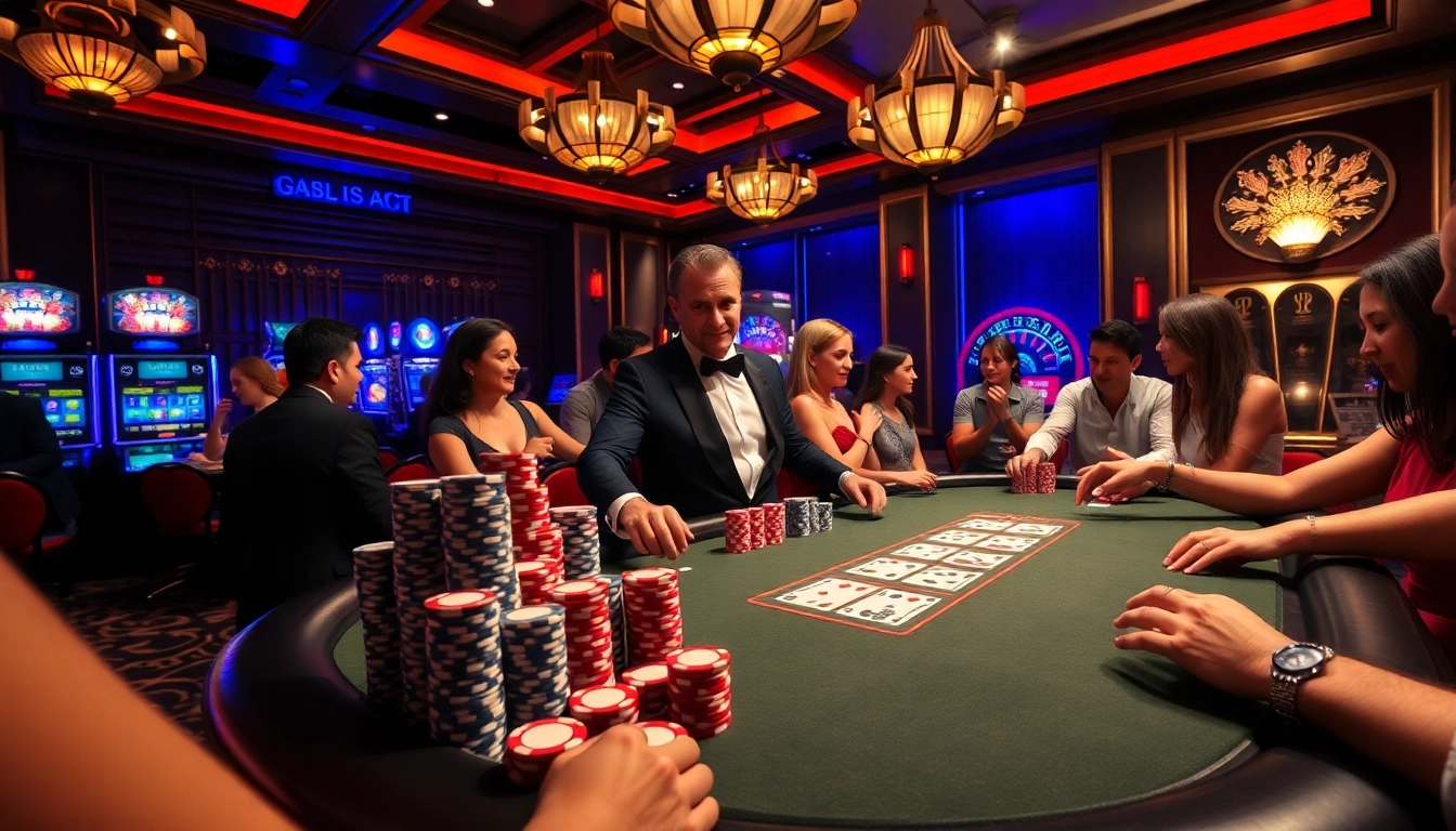 Players enjoy an exciting poker game at a casino inspired by https://tg88.za.com/, highlighting luxury and competition.