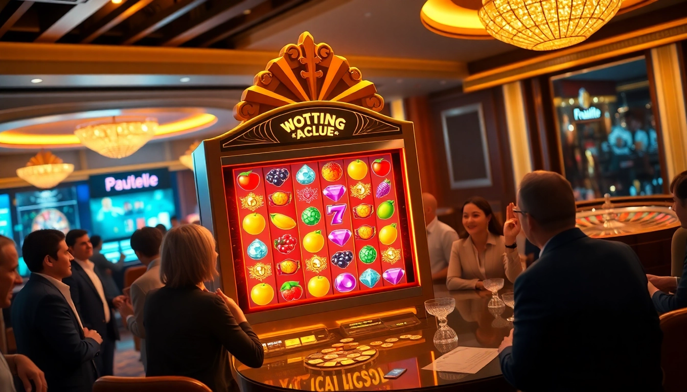 Experience an exhilarating slot demo at a luxurious casino filled with vibrant slot machines and excited players.