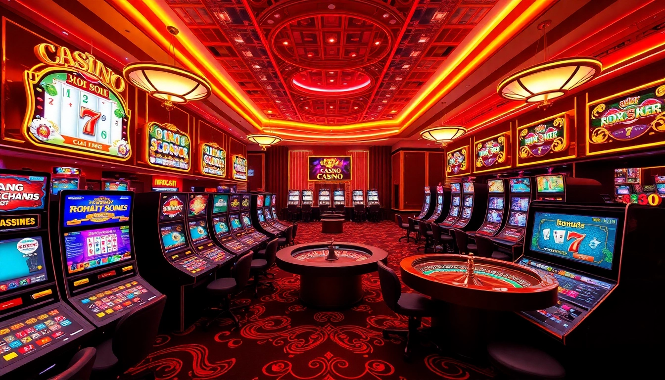 Dynamic gambling scene at TRANG CHỦ HBBET showcasing exciting slot machines and roulette tables.