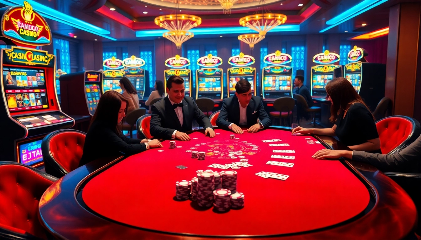 A high-stakes poker game at the luxurious KJC website, featuring colorful chips and vibrant slot machines.