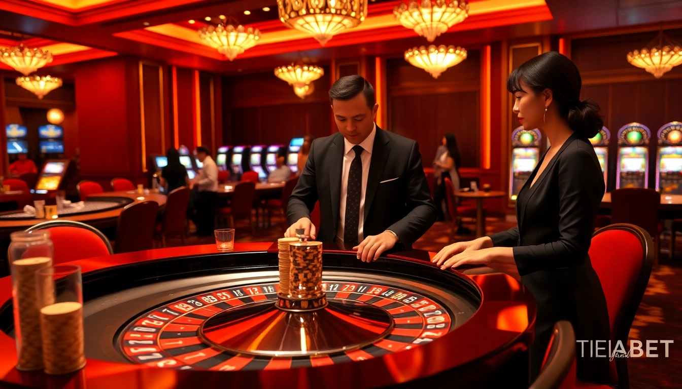 Experience the excitement of TRANG CHỦ FEBET with a vibrant casino scene featuring thrilling roulette action.