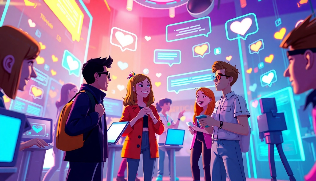 Interactive characters in a colorful chat environment representing spicychat's vibrant community.