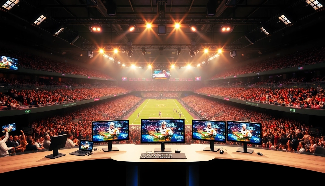 Engaging sports broadcasting setup featuring anchors and dynamic live feeds.