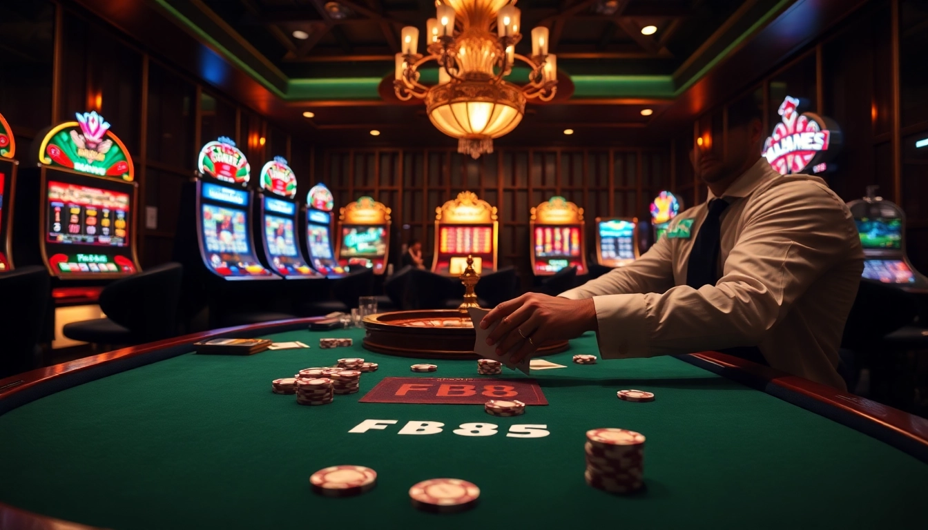 Players engaging in a thrilling poker game at FB68 casino, showcasing luxury and excitement.