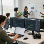 Engineering team collaborating on juicy ai project in modern office.