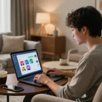 AI sex chat scene with user engaging in conversation with a virtual NSFW AI companion in a cozy modern living room.