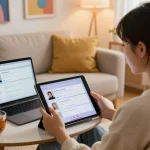 Engaging in ai sex chat on a modern tablet in a cozy living room setting.