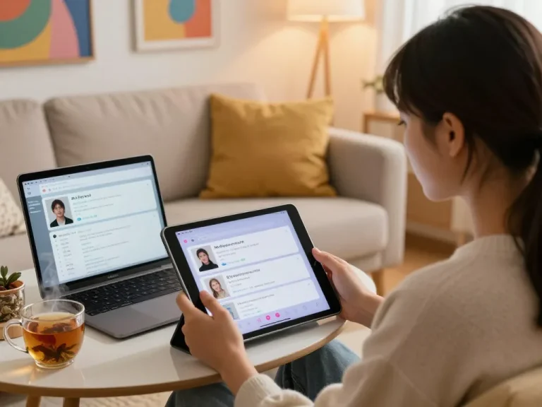 Engaging in ai sex chat on a modern tablet in a cozy living room setting.