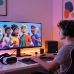 Immersive interaction with nsfw ai characters in a modern workspace, showcasing engagement and excitement.
