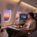 Passenger enjoying luxury in a spacious American Airlines 789P suite during sunset.