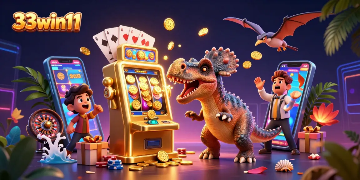 33win11 jackpots pop from a golden machine as dinosaurs celebrate wins in a lively casino scene.