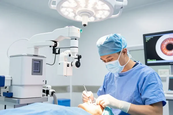 Eye surgeon performing Хараазасахмэсзасал in high-tech operating room, showcasing advanced eye surgery.