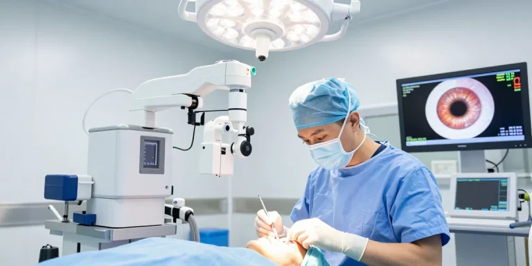 Eye surgeon performing Хараазасахмэсзасал in high-tech operating room, showcasing advanced eye surgery.