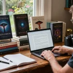 T Allen Greenfield's writing environment featuring books on spirituality and UFOs at https://tallengreenfield.com