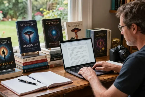 T Allen Greenfield's writing environment featuring books on spirituality and UFOs at https://tallengreenfield.com