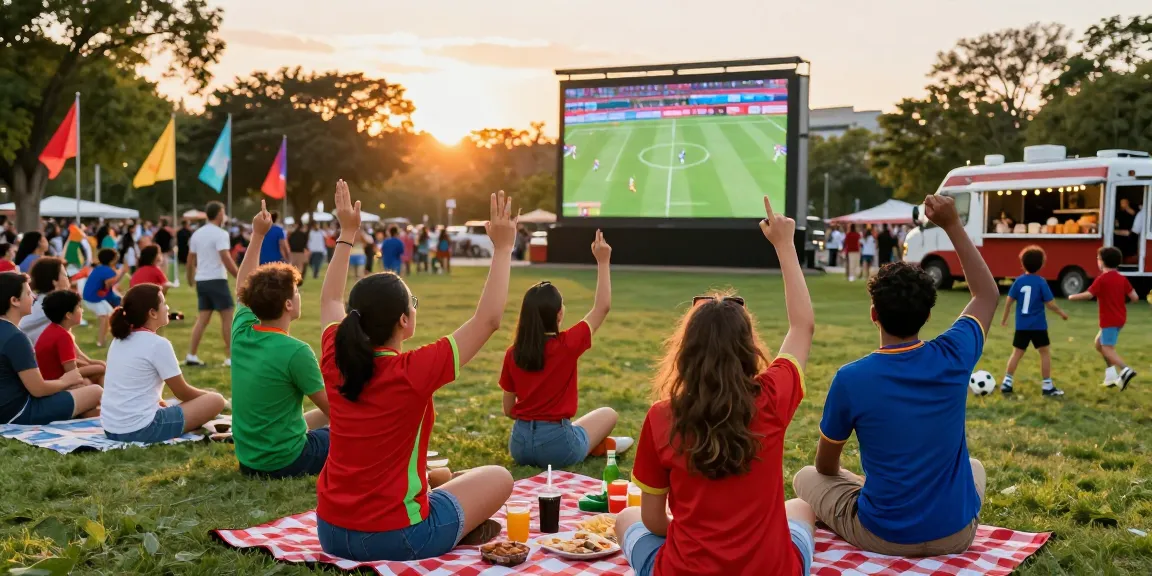 Excited fans enjoying the world cup 2026 live match screening in a park atmosphere.